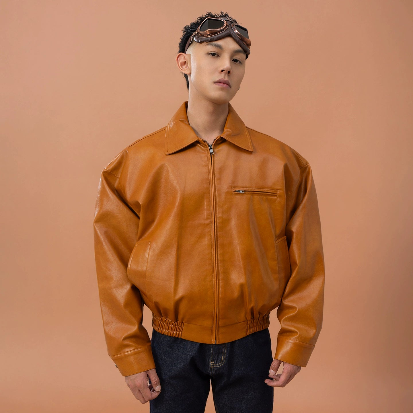 CLP Men Brown Faux Leather Stand Collar Jacket-Brown-M-Free Shipping Leatheretro