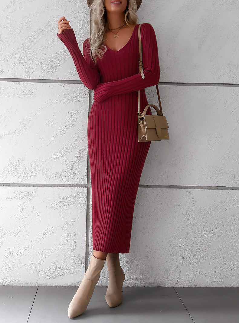 Elegant V Neck Long Sleeves Knitted Dresses-Dresses-White-S-Free Shipping Leatheretro