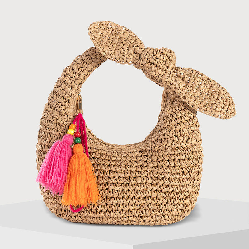 Summer Crescent Moon Handbag – Bow Detail Straw Woven Bag-Apricot - Green Tassel-25x5x15CM-Free Shipping Leatheretro
