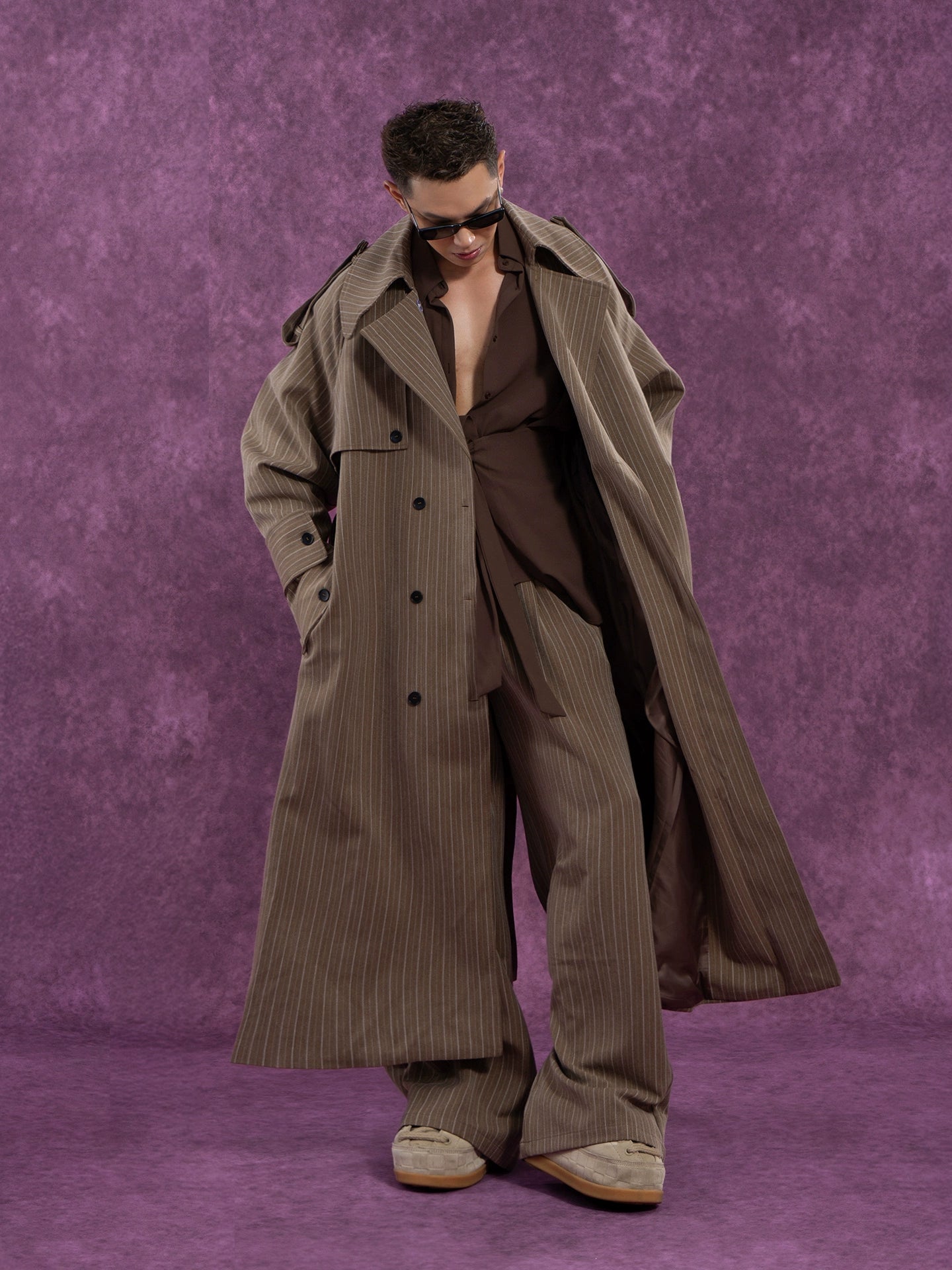 CLP Unisex Long Striped Duster Coat - Oversized Belted Trench-Coffee-S-Free Shipping Leatheretro