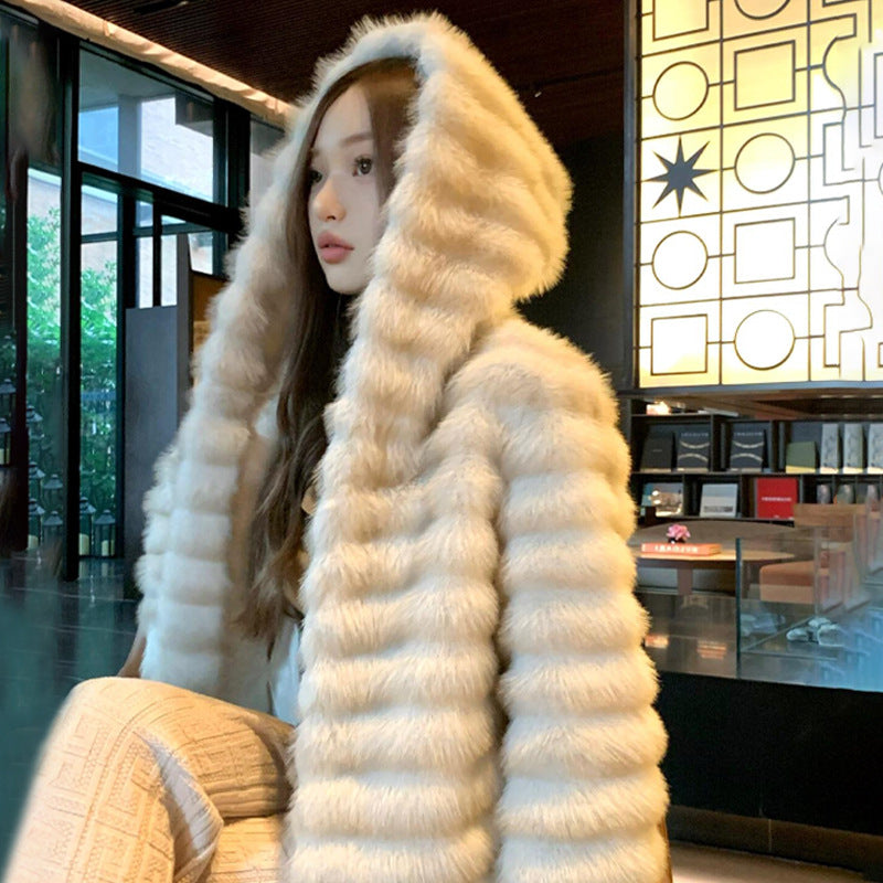 Fashion Faux Fur Women Coats with Hat-Outerwear-Ivory-S 40-50 kg-Free Shipping Leatheretro