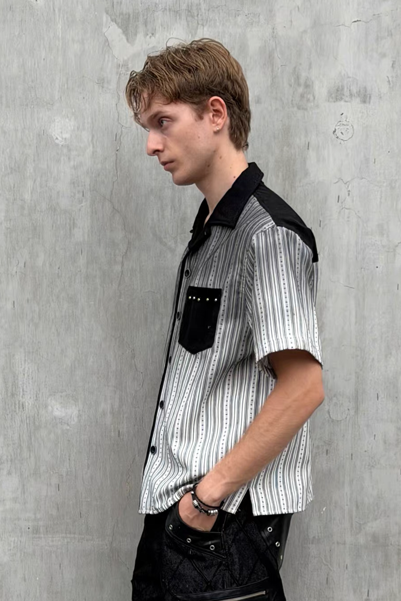 ESAIAS Studded Washed Dotted Stripe Half Shirt-Half shirt-S-Free Shipping Leatheretro