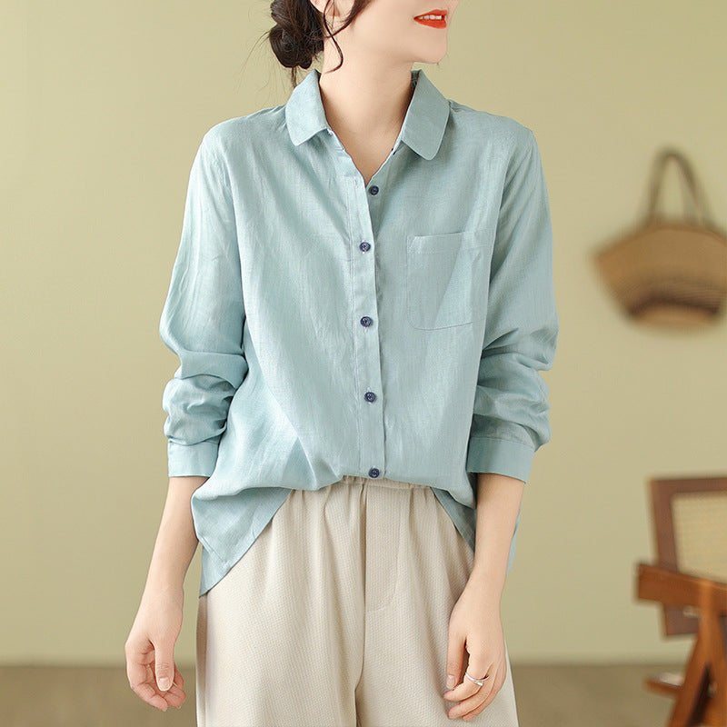 Casual Turnover Collar Linen Long Sleeves Shirts-Shirts & Tops-Pink-M-Free Shipping Leatheretro