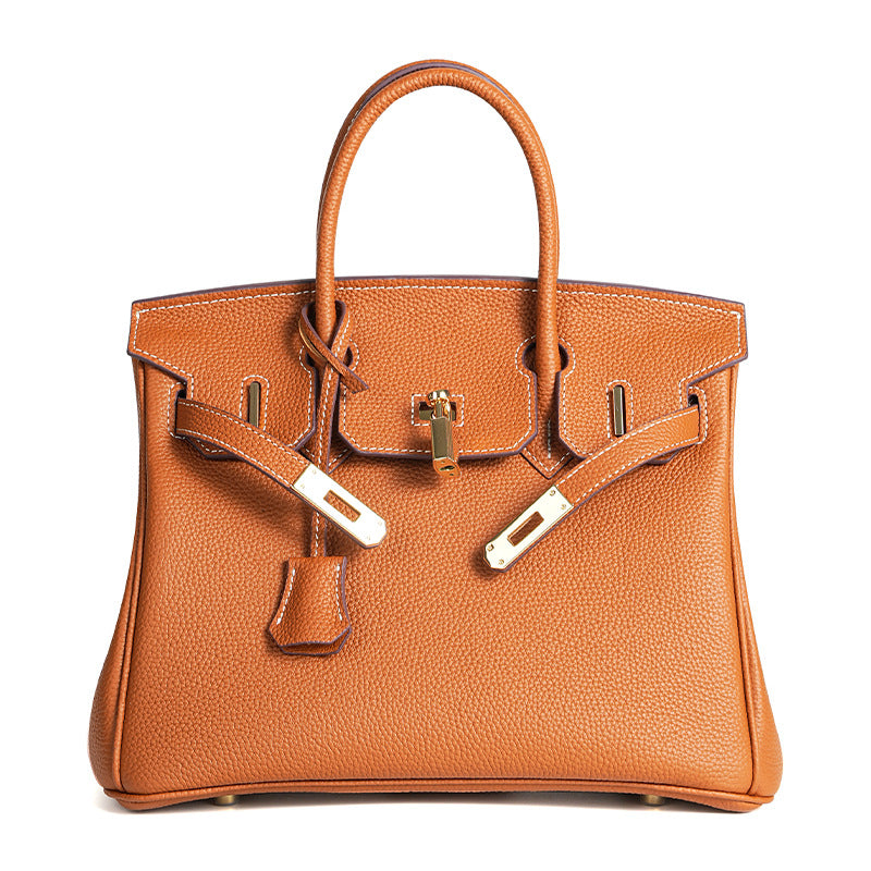 Luxury Genuine Top Grain Pebbled Leather Women's Handbag with Lock Closure-Handbags-elephant gray-35CM-Free Shipping Leatheretro