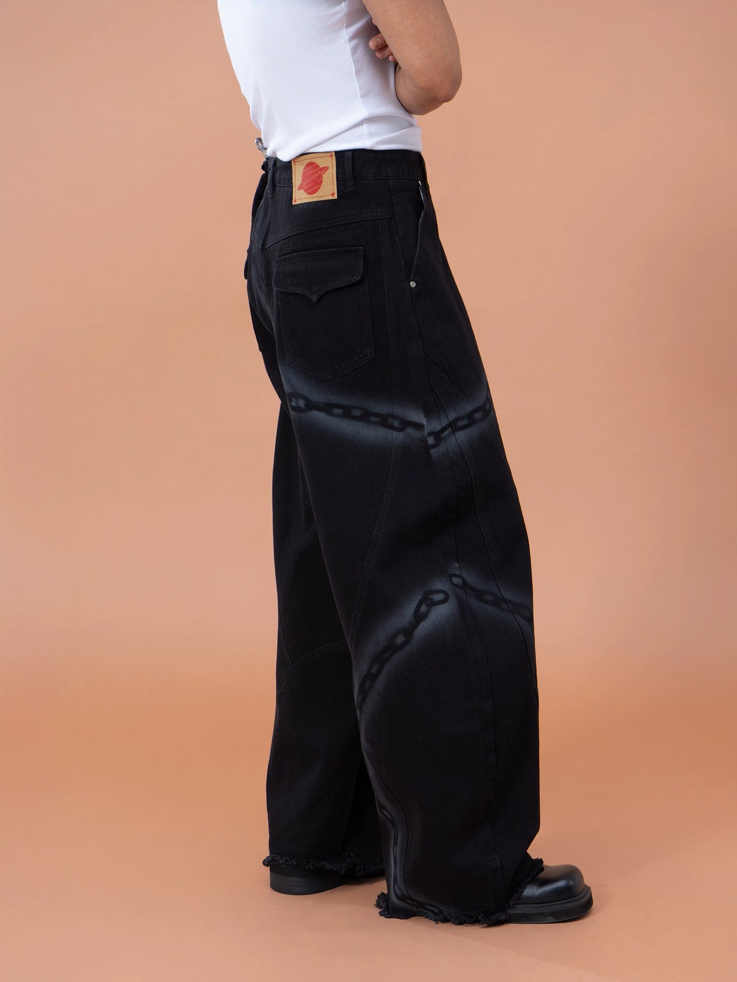 CLP Men's Black Chain Print Cargo Wide Leg Jeans-Black-S-Free Shipping Leatheretro