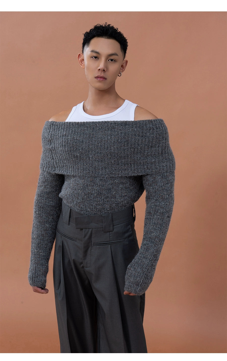 CLP Grey Off-Shoulder Wool Sweater | Relaxed Fit Ribbed Knit-Sweater-Gray-S-Free Shipping Leatheretro