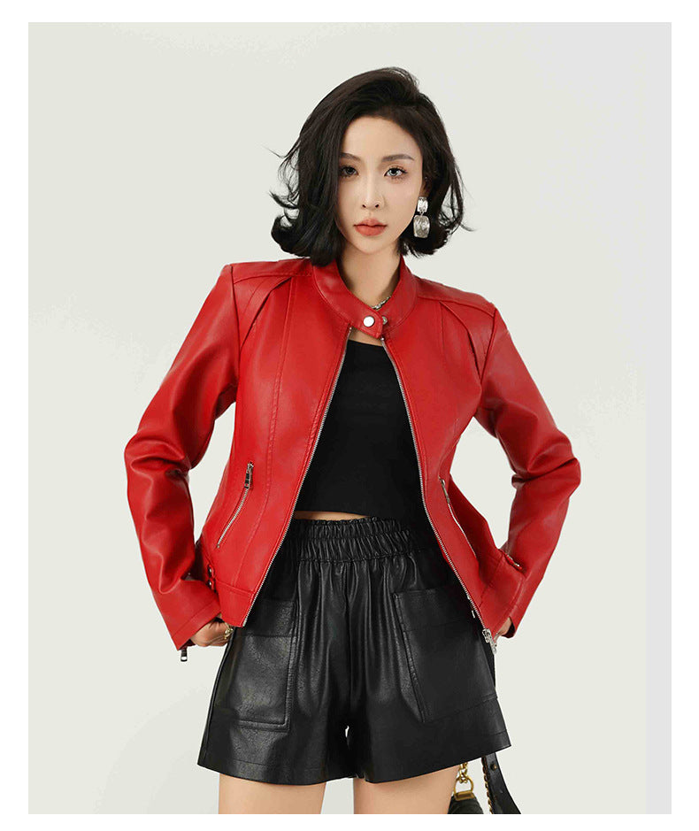 Women's Fashion PU Leather Jacket-Red-S-Free Shipping Leatheretro
