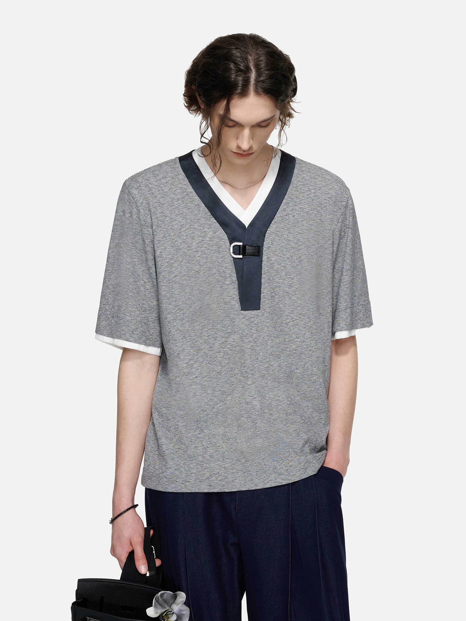 TIWILLTANG Metal Buckle Contrast Trim T-Shirt-T Shirt-S-Free Shipping Leatheretro