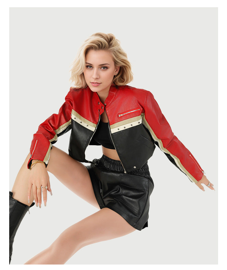 Edgy Cropped PU Leather Biker Jacket – Bold Color-Block Design-Coats & Jackets-Brick Red-S 50-55kg-Free Shipping Leatheretro
