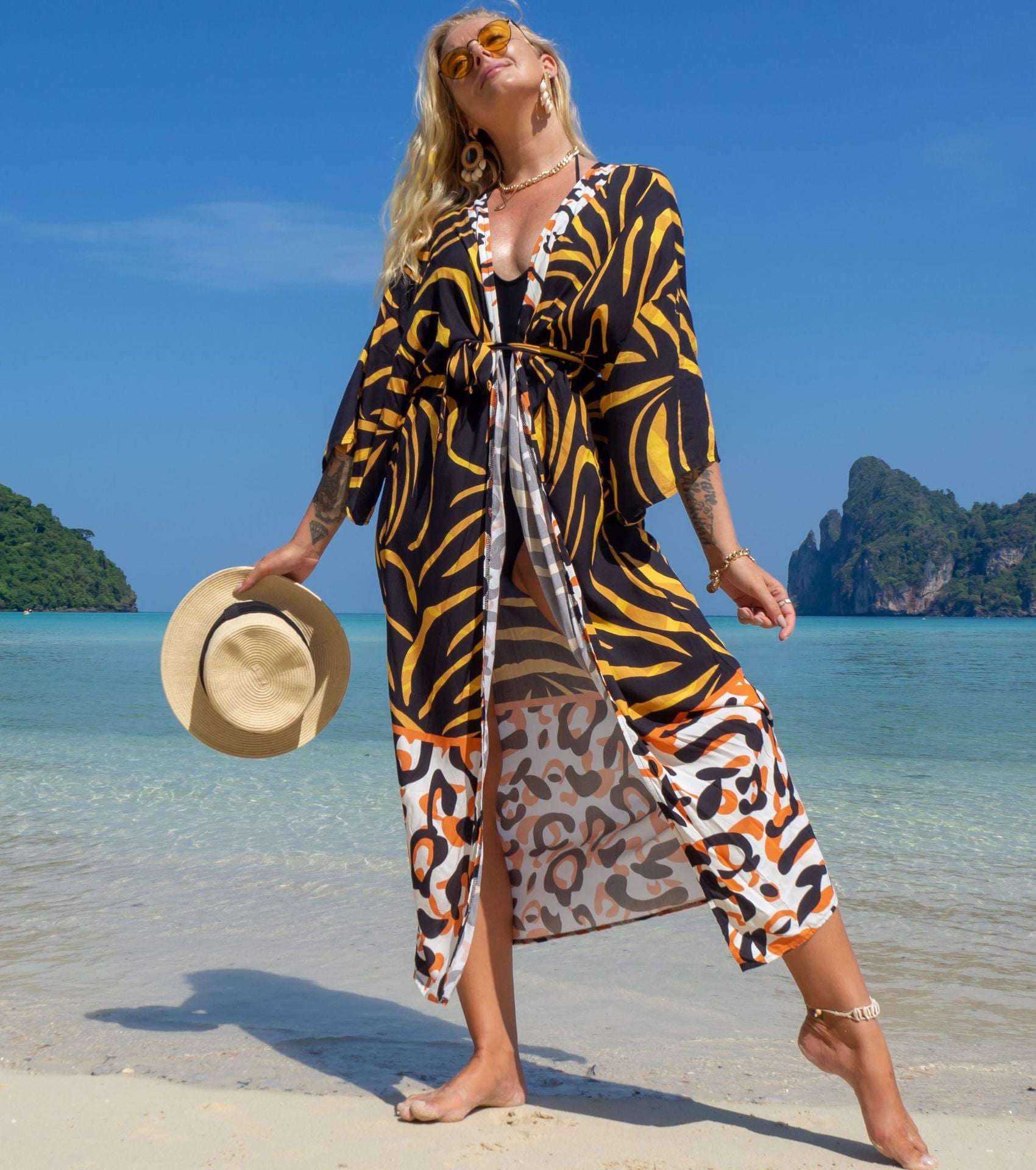 Fashion Floral Print Summer Kimono Beachwear Cover Ups-Yellow Zebra-One Size-Free Shipping Leatheretro