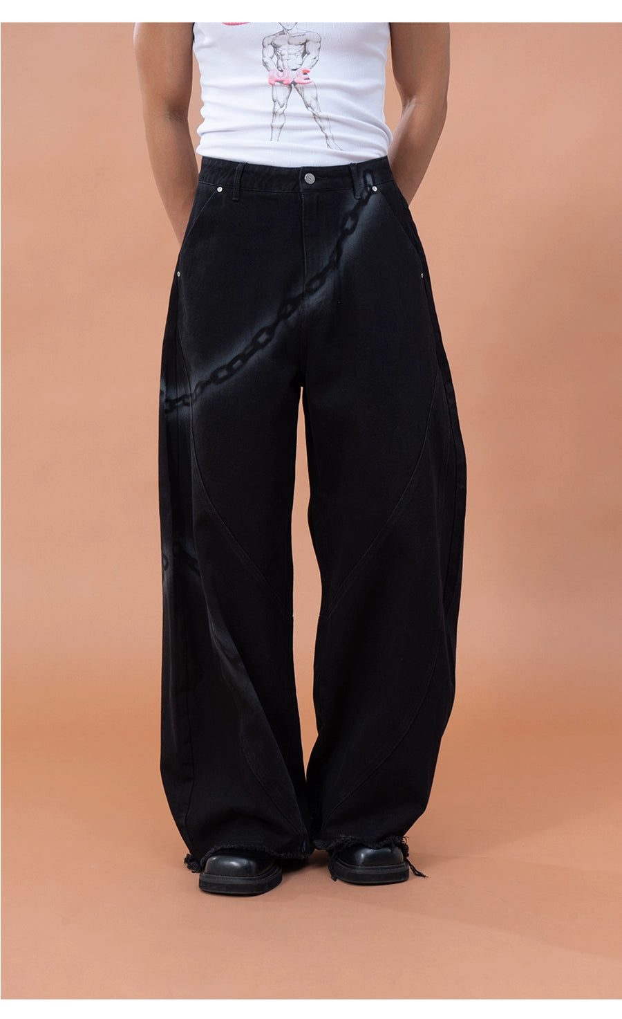 CLP Men's Black Chain Print Cargo Wide Leg Jeans-Black-S-Free Shipping Leatheretro