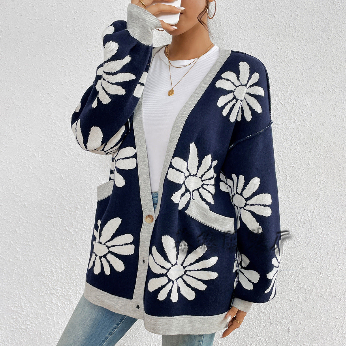 Casual Floral Print Knitted Cardigan Coats-Sweaters-Navy Blue-S-Free Shipping Leatheretro