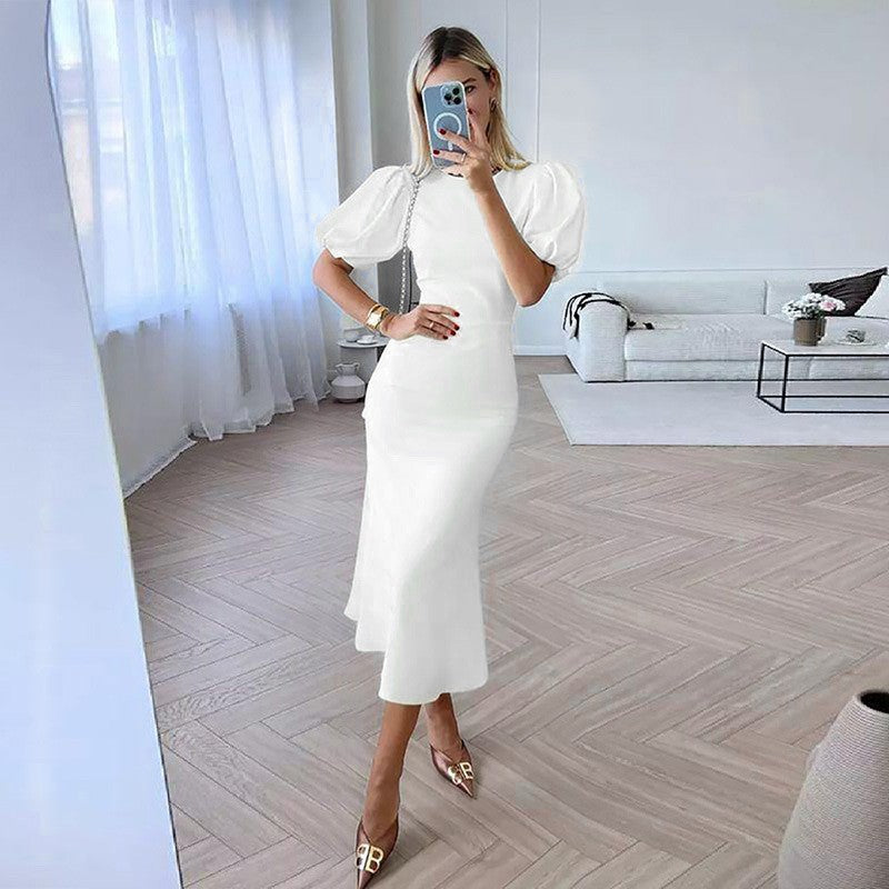 Elegant Round Neck High Waist Midi Dresses-Dresses-Ivory-S-Free Shipping Leatheretro