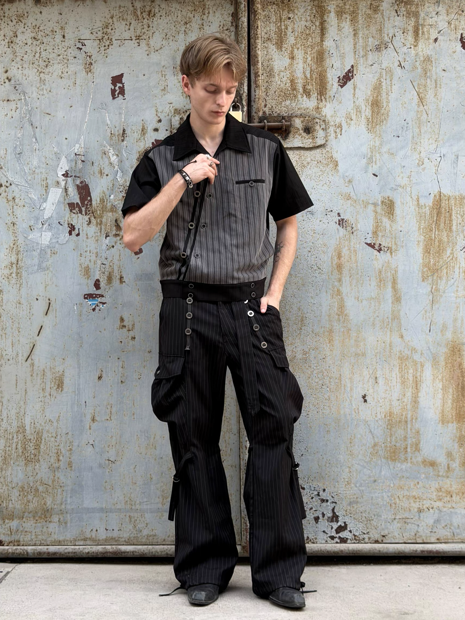 ESAIAS Pinstripe Grommet Belted Trousers-Pants-S / 29" (Preorder)-Free Shipping Leatheretro