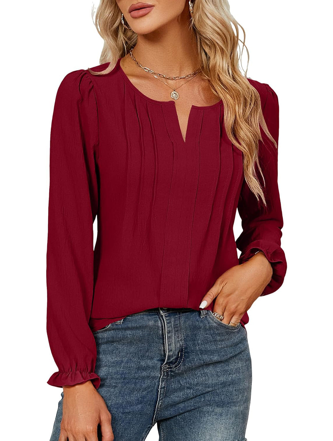 Casual Chiffon Summer V Neck Long Sleeves Blouses-Shirts & Tops-Pink-S-Free Shipping Leatheretro