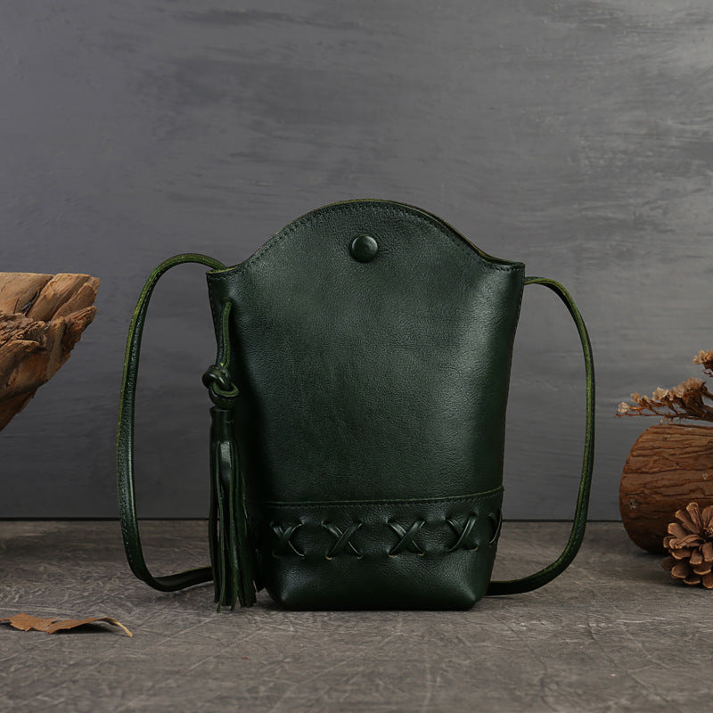 Vintage Full-Grain Cowhide Leather Woven Braided Phone Bag-crossbody bags-Green-Free Shipping Leatheretro