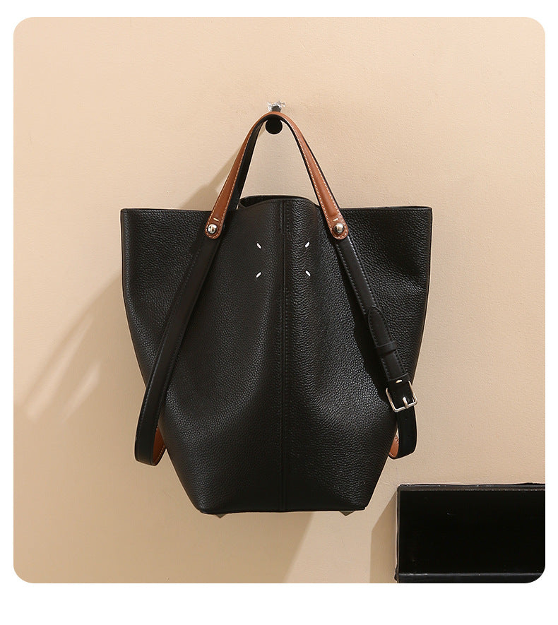 Top-Grain Leather Bucket Bag – Spacious Work Tote & Shoulder Bag for Women-Handbags-Black-17*17*31cm-Free Shipping Leatheretro