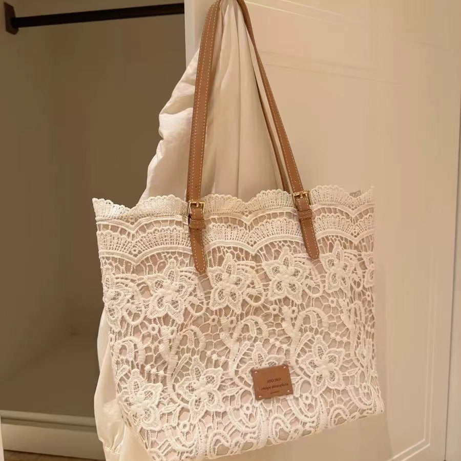 Women's Summer Beach Tote Bag – Large Capacity French Boho Lace Shoulder Bag-米白色-Free Shipping Leatheretro