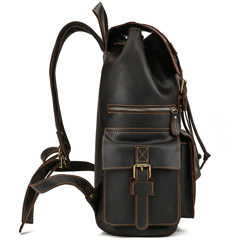 Retro Crazy Horse Leather Backpack – Large Capacity 16-Inch Cowhide Laptop & Travel Bag with Multi-Flap Pockets-Backpacks-Dark Brown-Free Shipping Leatheretro