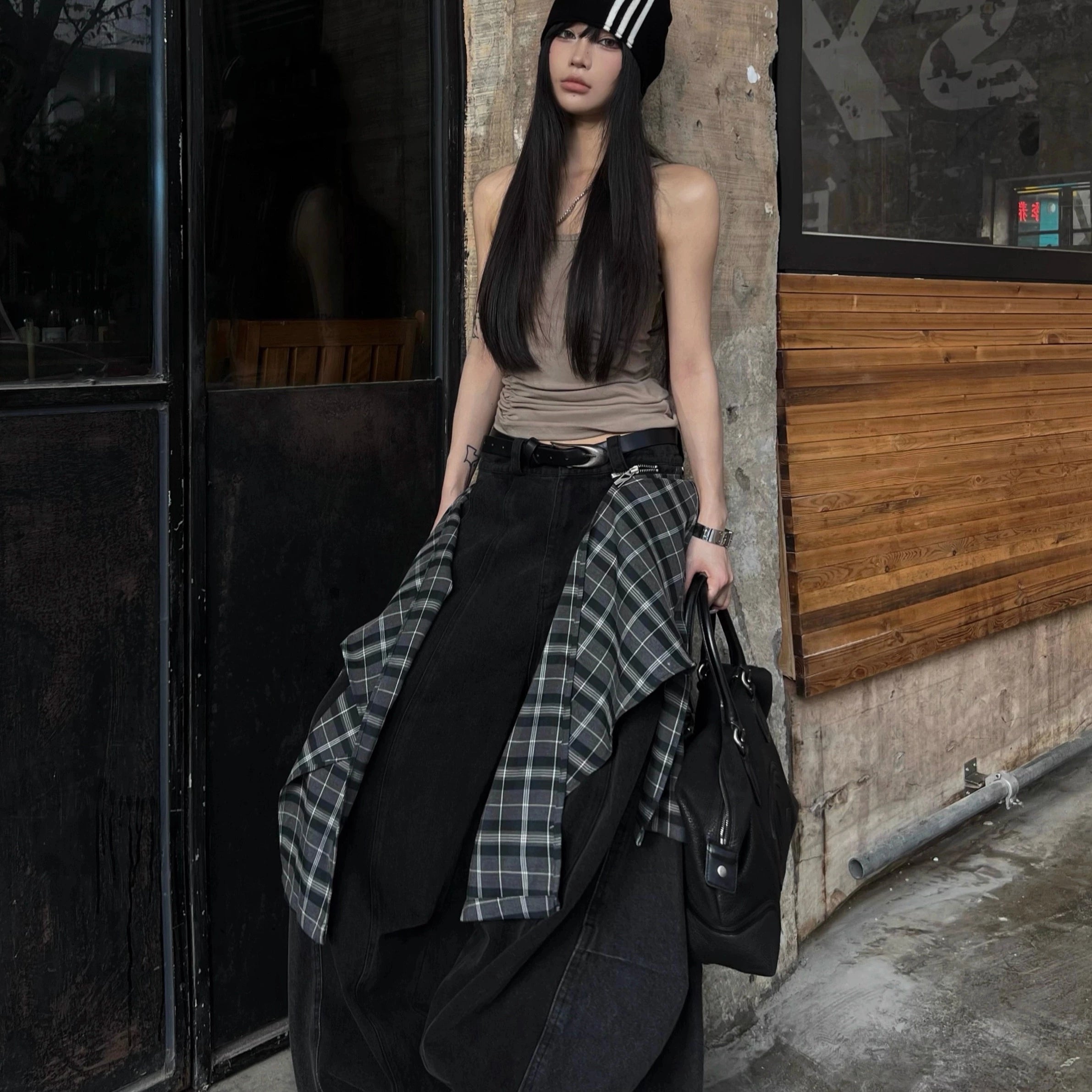 RELABEL Detachable Checkered Flap Distressed Wide-Leg Jeans-Black-XS-Free Shipping Leatheretro