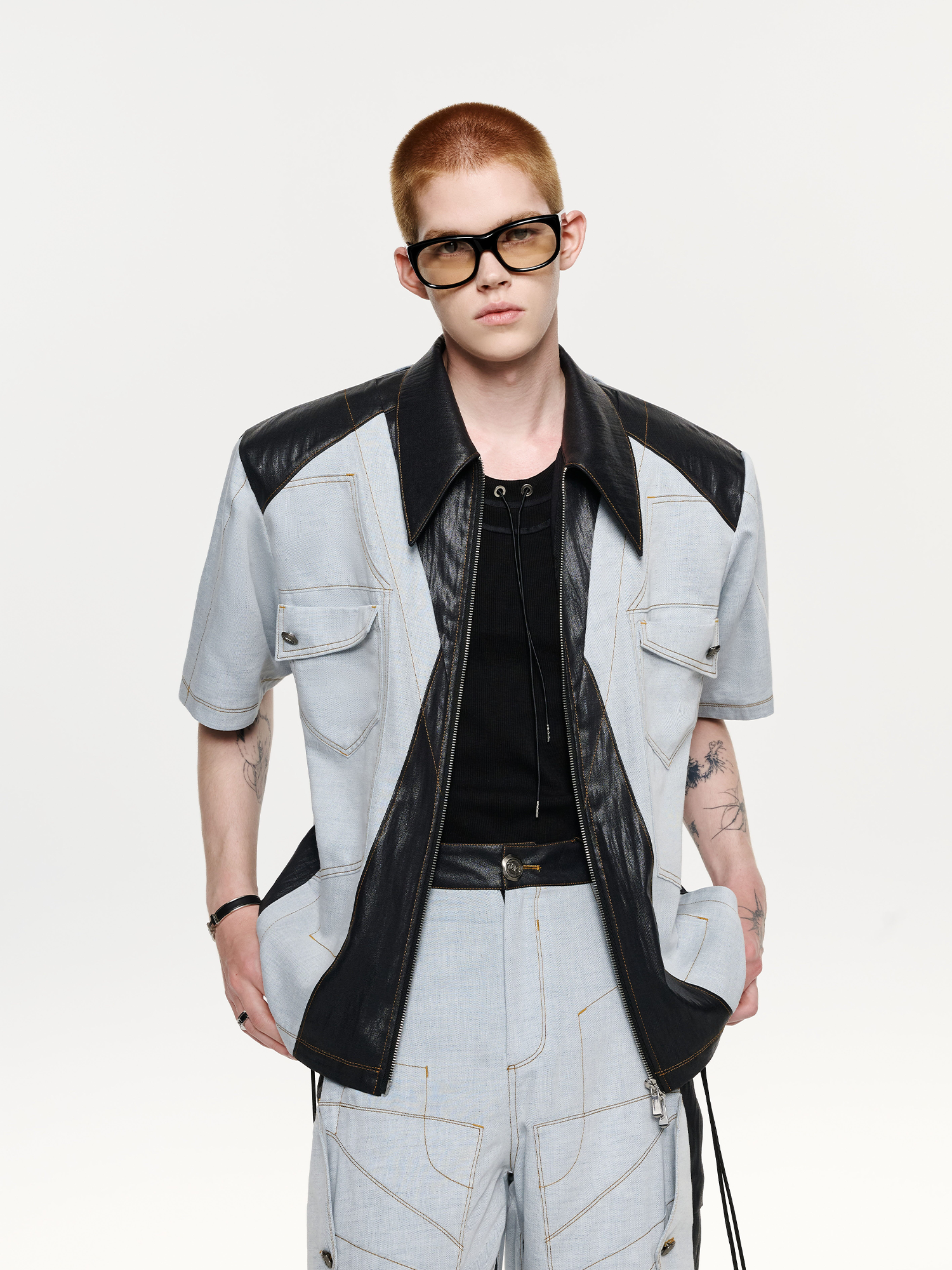 TIWILLTANG Contrast Stitch Paneled Zip-Up Half Shirt-Half shirt-S-Blue-Free Shipping Leatheretro