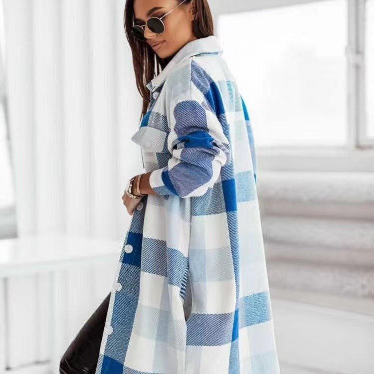 Fashion Colorful Plaid Women Overcoats-Outerwear-Blue-S-Free Shipping Leatheretro