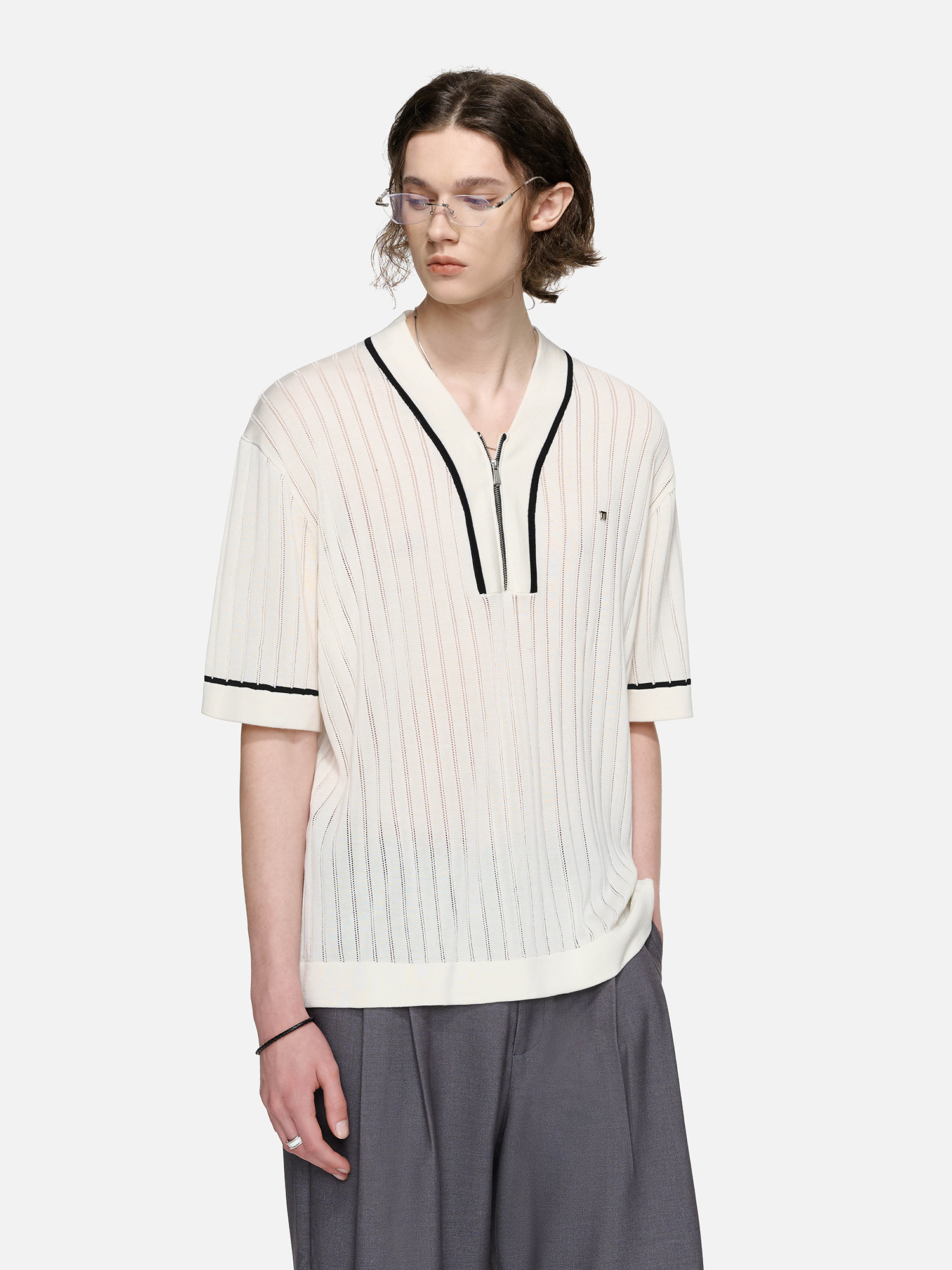 TIWILLTANG Openwork Contrast Trim Zip-Neck Knitted T Shirt-T Shirt-S-Free Shipping Leatheretro