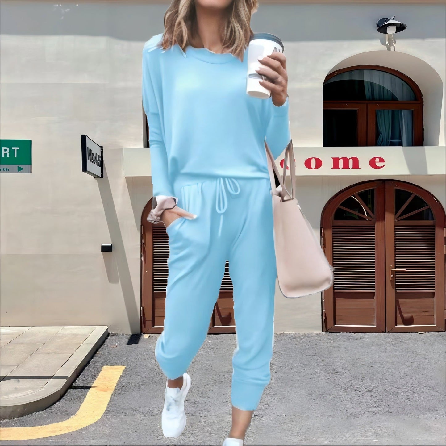 Casual Fall Long Sleeves Blouses and Pants-Suits-Sky Blue-S-Free Shipping Leatheretro