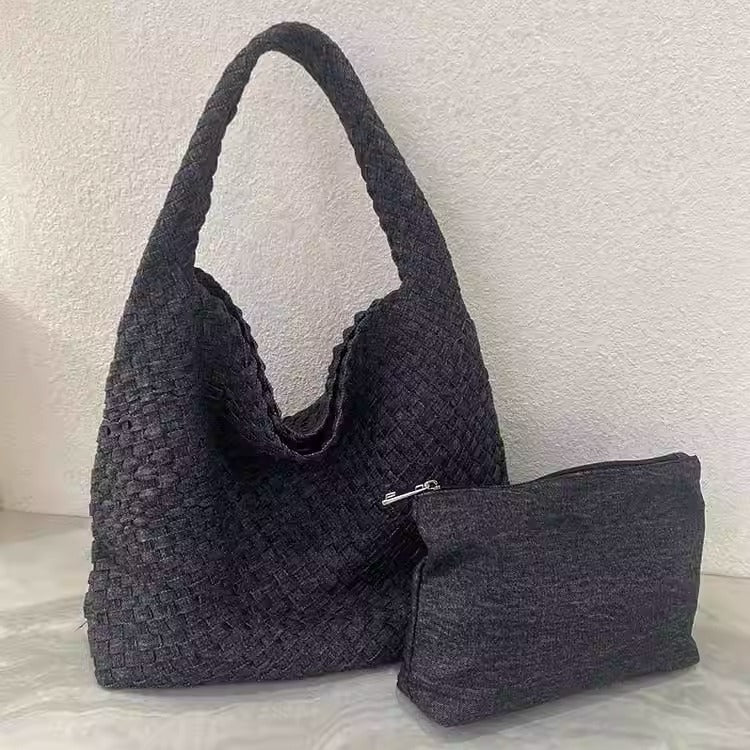 Stylish Canvas & Denim Woven Bucket Bag for Women-Light Blue 23cm-Free Shipping Leatheretro