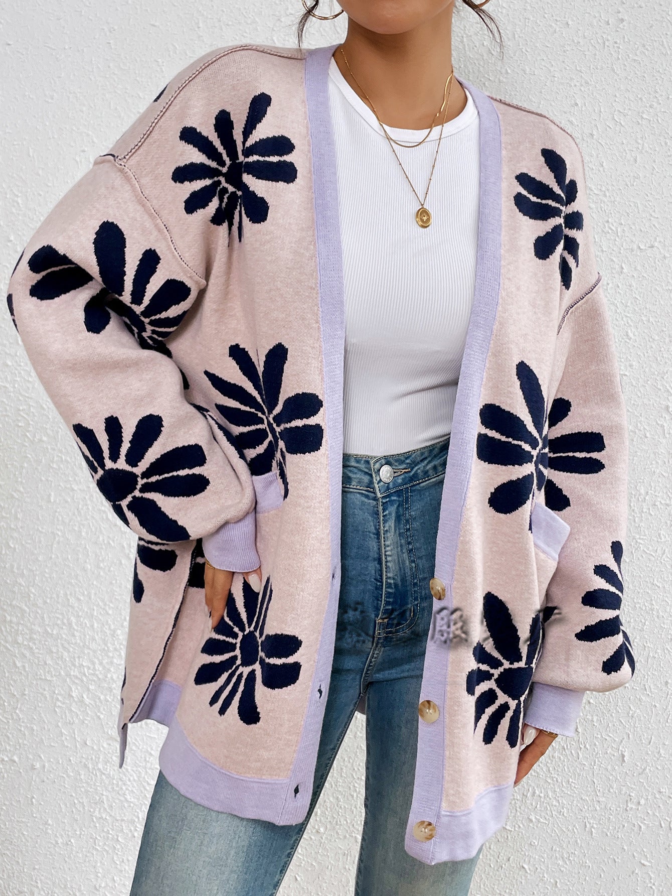 Casual Floral Print Knitted Cardigan Coats-Sweaters-Navy Blue-S-Free Shipping Leatheretro