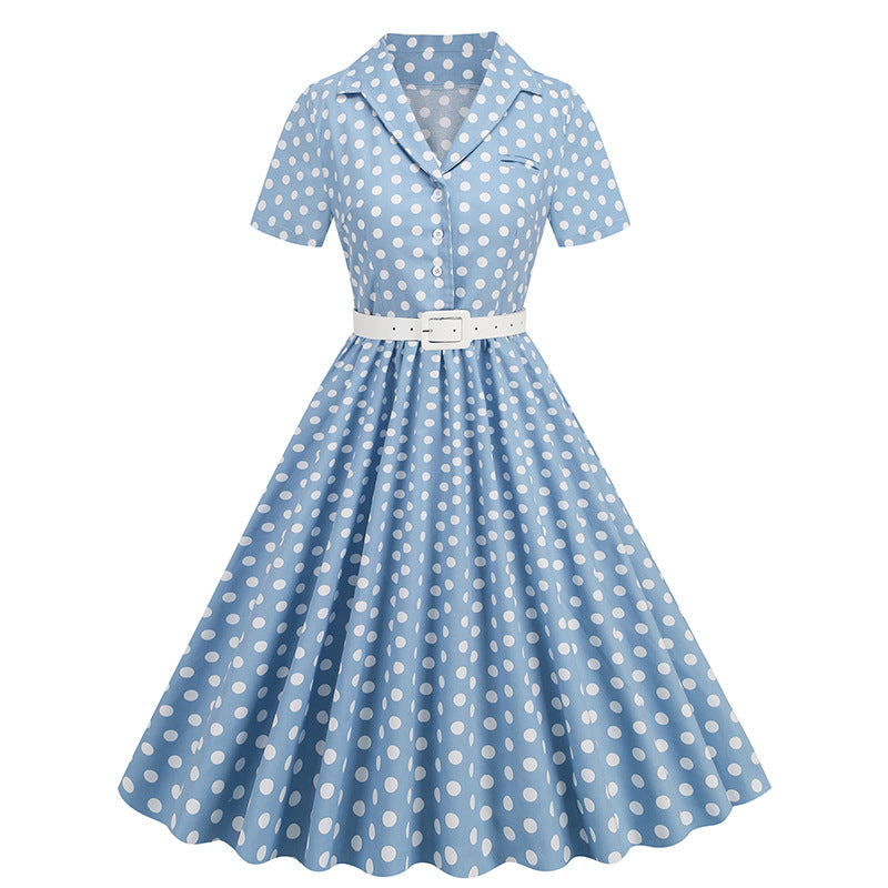 Vintage Turnover Collar Short Sleeves Dresses-Dresses-Light Blue-S-Free Shipping Leatheretro