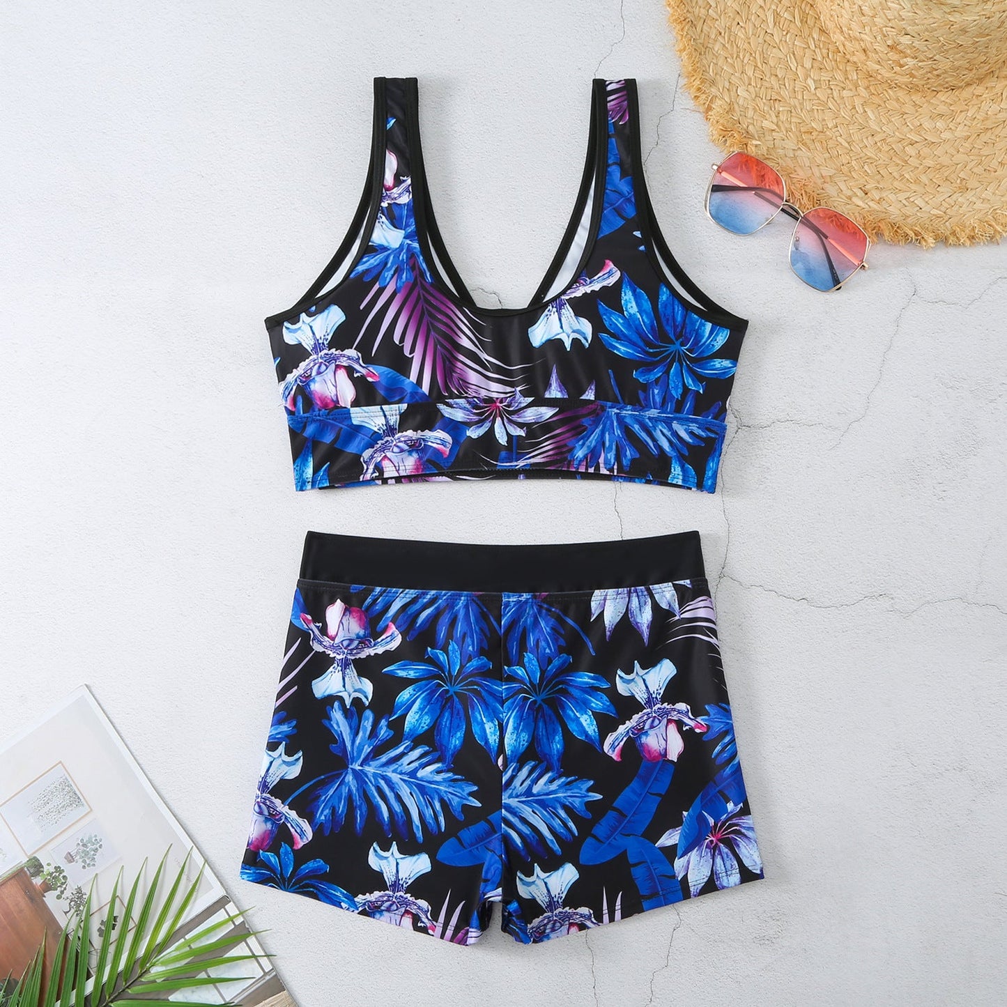 Sexy Floral Print Summer Boxer Swimsuits-Swimwear-Purple-S-Free Shipping Leatheretro