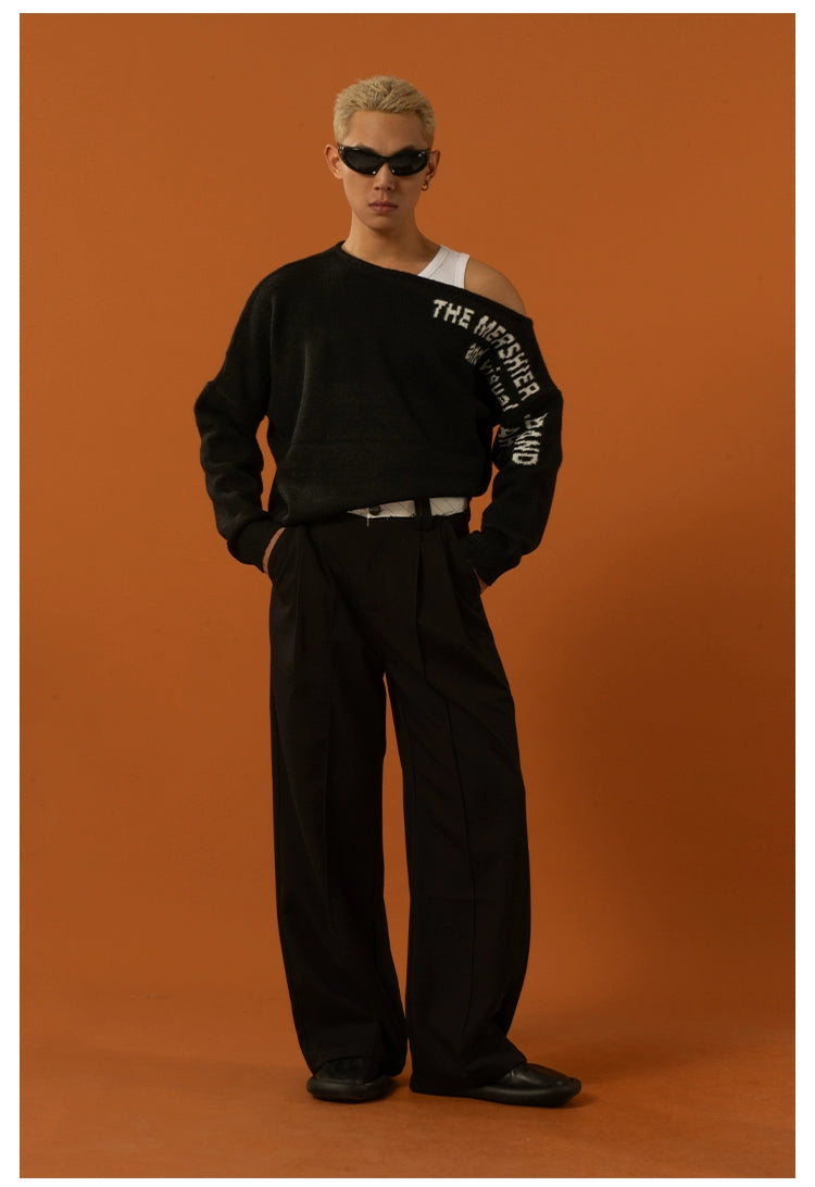 CLP Oversized Off-Shoulder Boat Neck Sweater-Black-S-Free Shipping Leatheretro