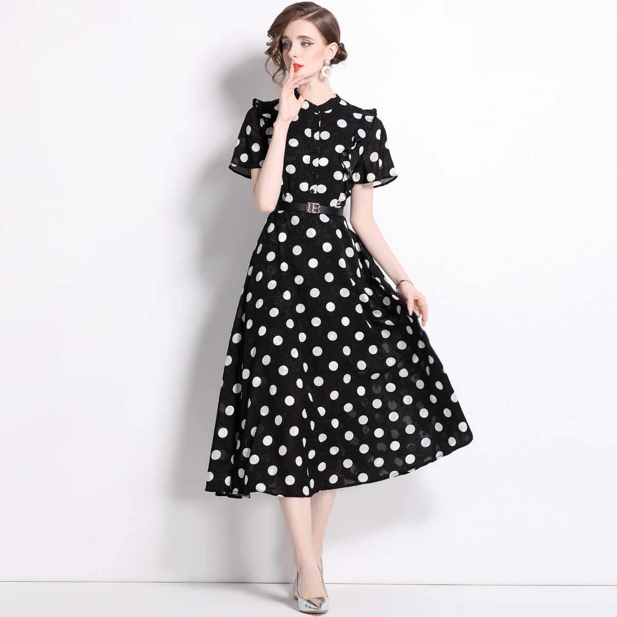 Elegant Polk Dot Short Sleeves Midi Length Dresses-Dresses-Black-2XL-Free Shipping Leatheretro