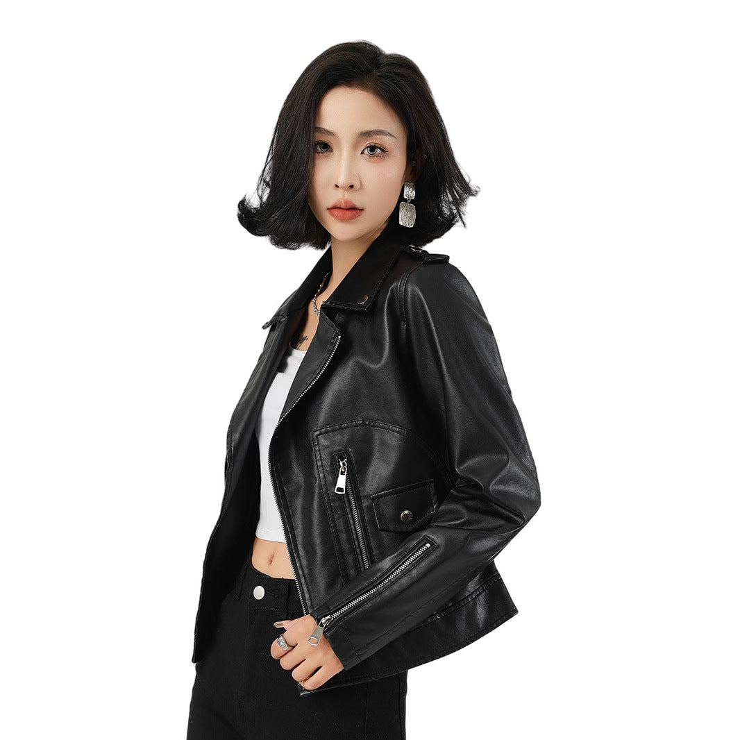 Women's Short PU Leather Jacket-Motorcycle Jackets-Black-S 50-55 kg-Free Shipping Leatheretro