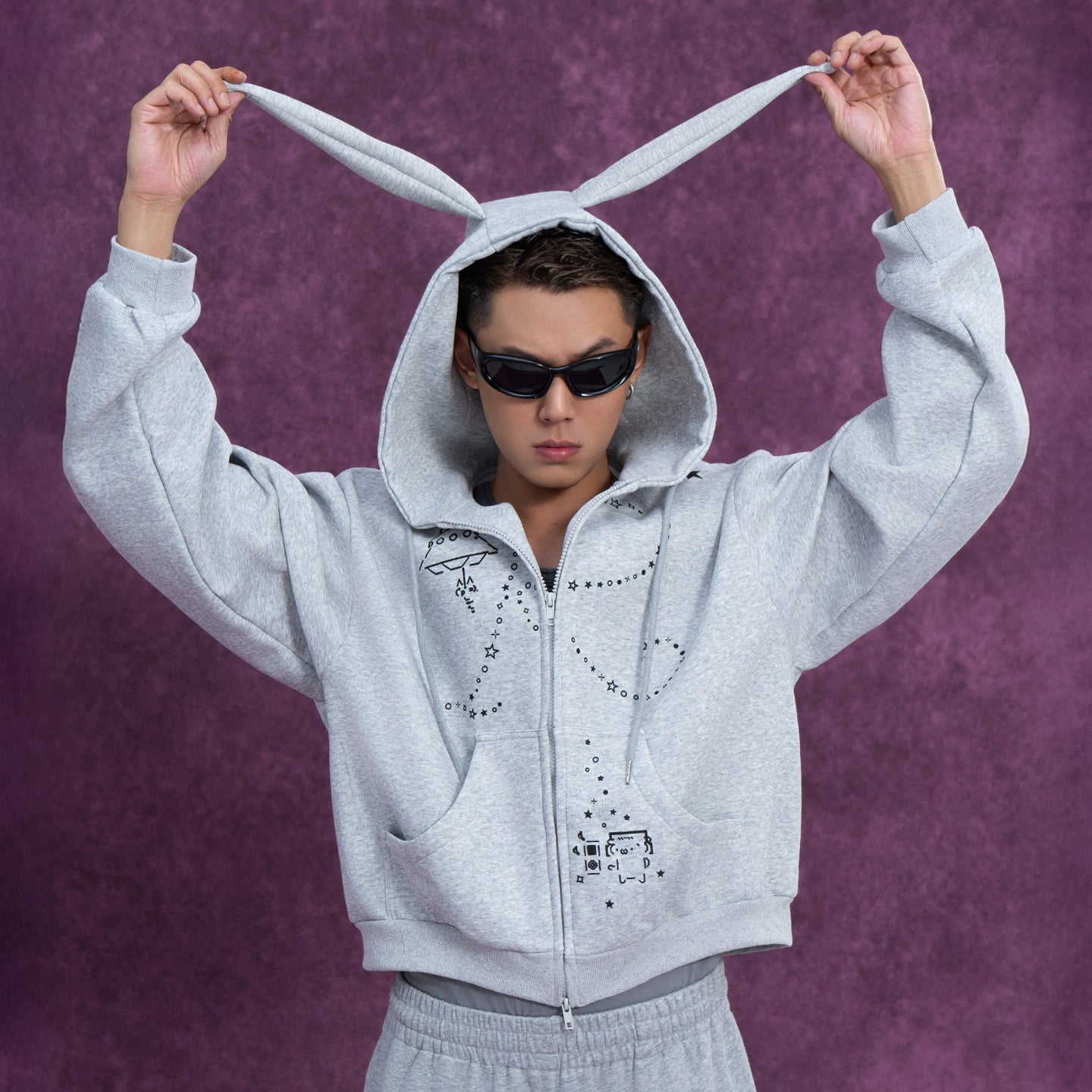 CLP Men's Gray Cartoon Rabbit Print Hooded Sweatshirt Jacket-Gray-S-Free Shipping Leatheretro