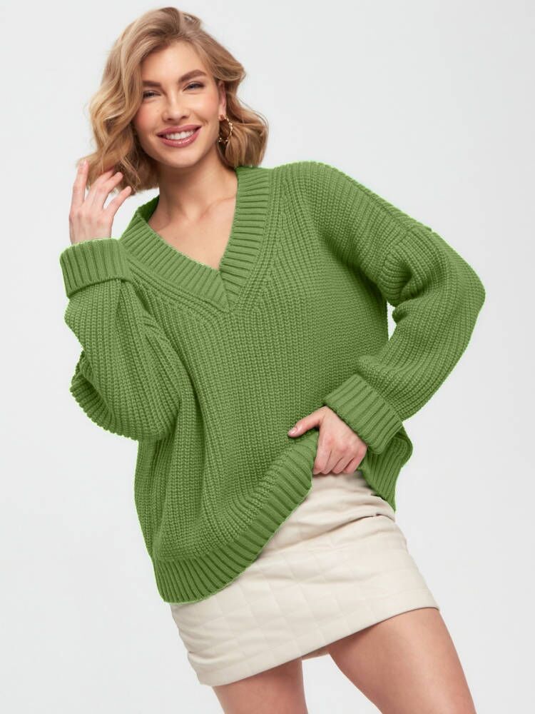 Casual V Neck Loose Knitted Sweaters-Sweaters-Army Green-S-Free Shipping Leatheretro