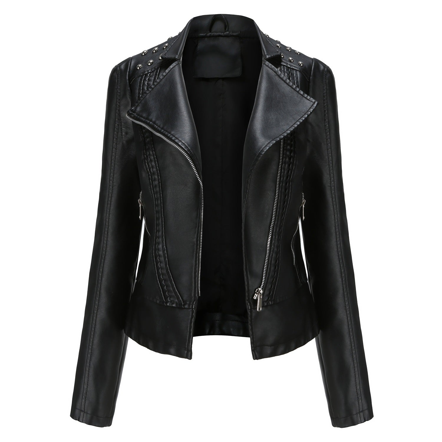 Women's Studded Faux Leather Jacket-black-XS-Free Shipping Leatheretro