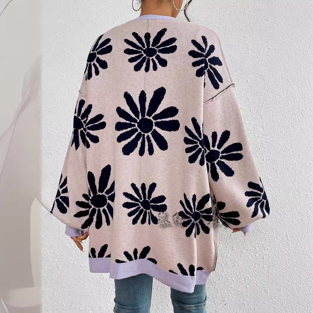 Casual Floral Print Knitted Cardigan Coats-Sweaters-Navy Blue-S-Free Shipping Leatheretro