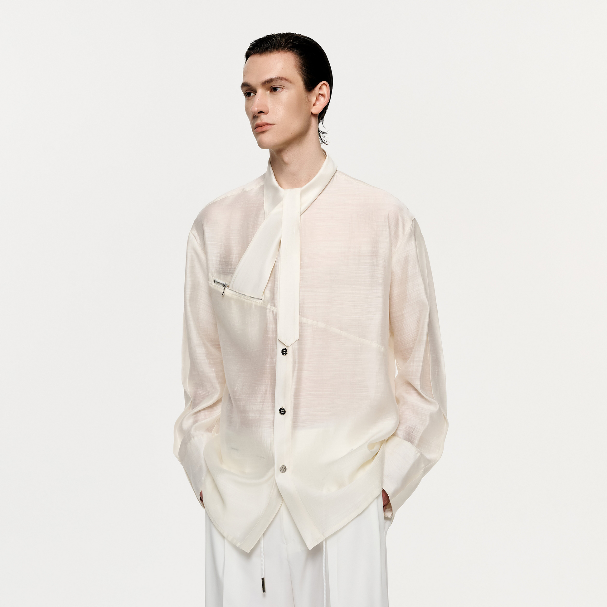 TIWILLTANG Structured Zip-Tie Tencel Shirt-Shirt-S-White-Free Shipping Leatheretro