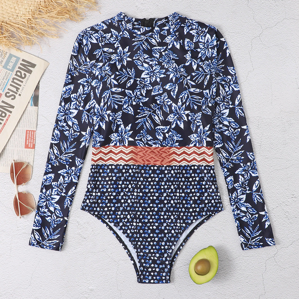 Blue Floral Print Long Sleeves Surf Wear-Swimwear-Blue-S-Free Shipping Leatheretro