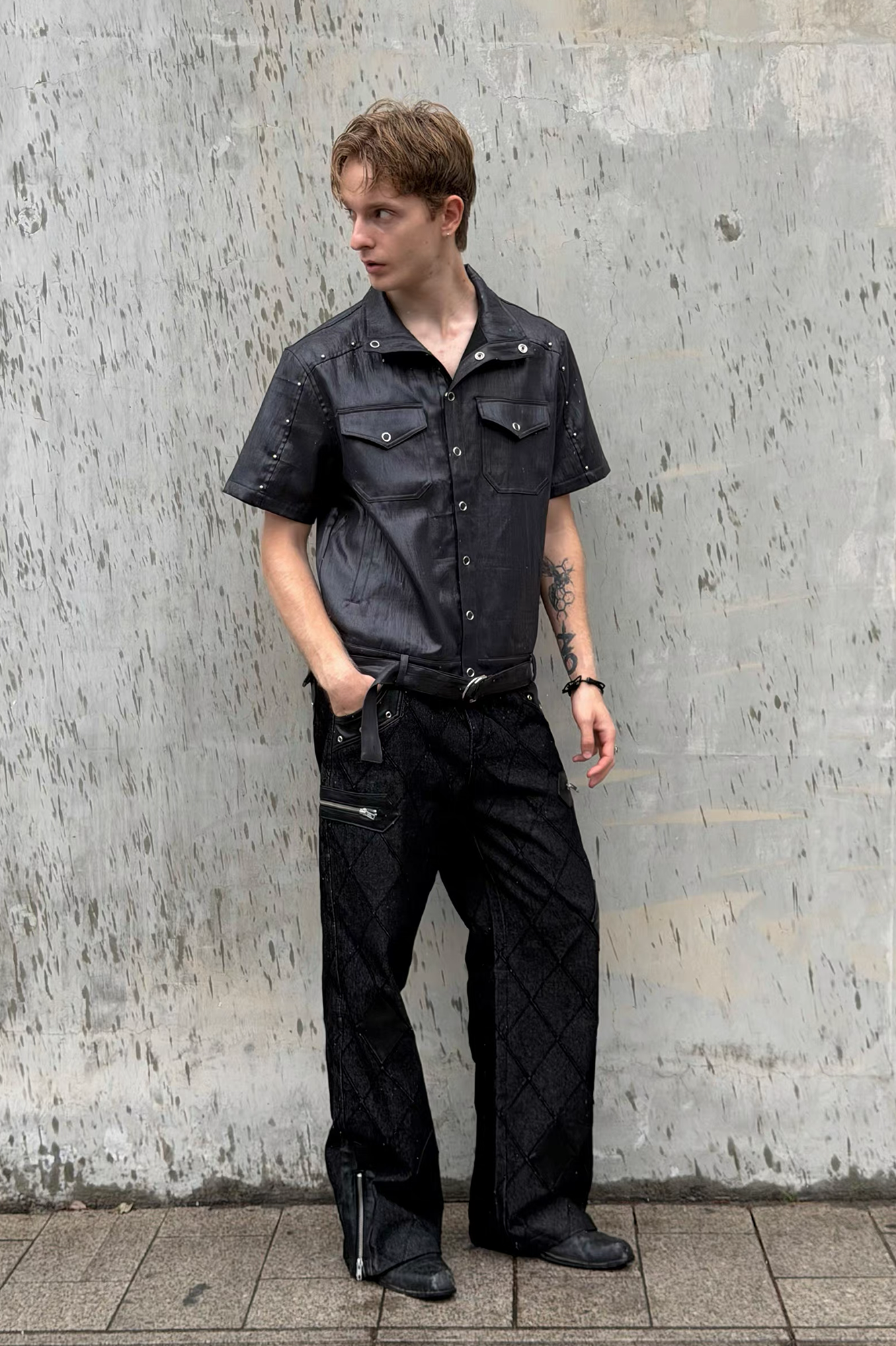 ESAIAS Studded Waxed Linen Belted Half Shirt-Half shirt-S-Free Shipping Leatheretro