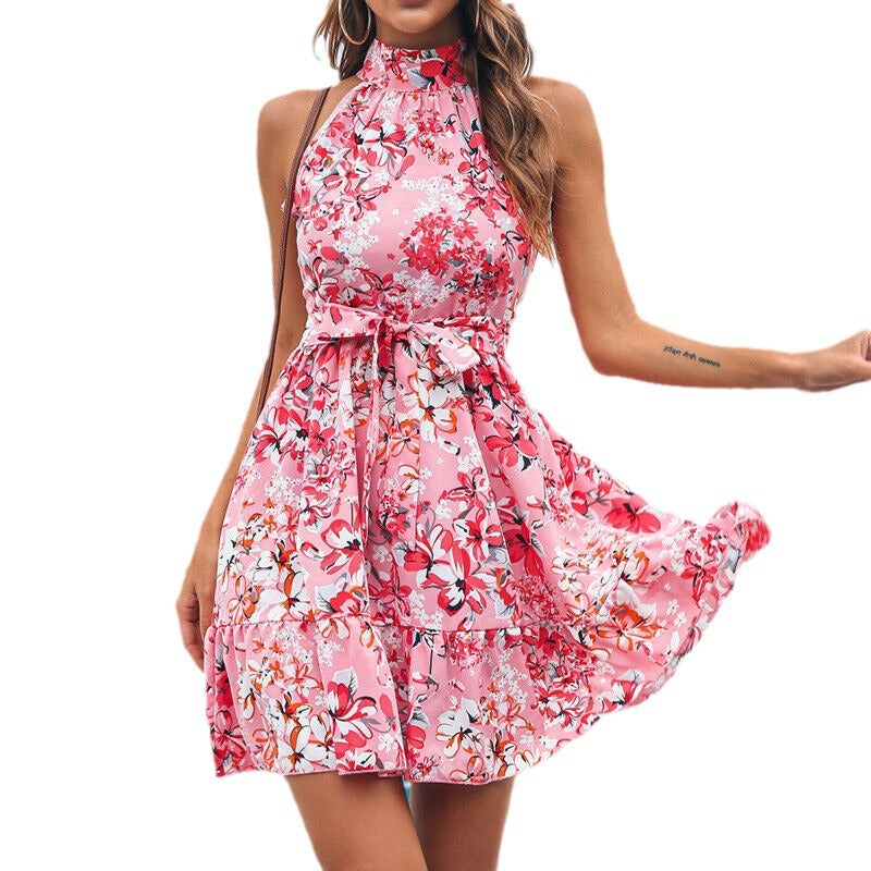 Casual Ruffled Floral Summer Mini Dresses-Dresses-Pink-S-Free Shipping Leatheretro