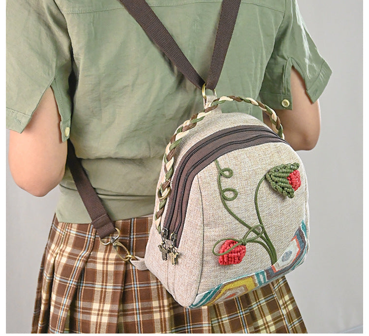 Handmade Woven Strawberry Linen Backpacks-Backpack-Ivory-Free Shipping Leatheretro