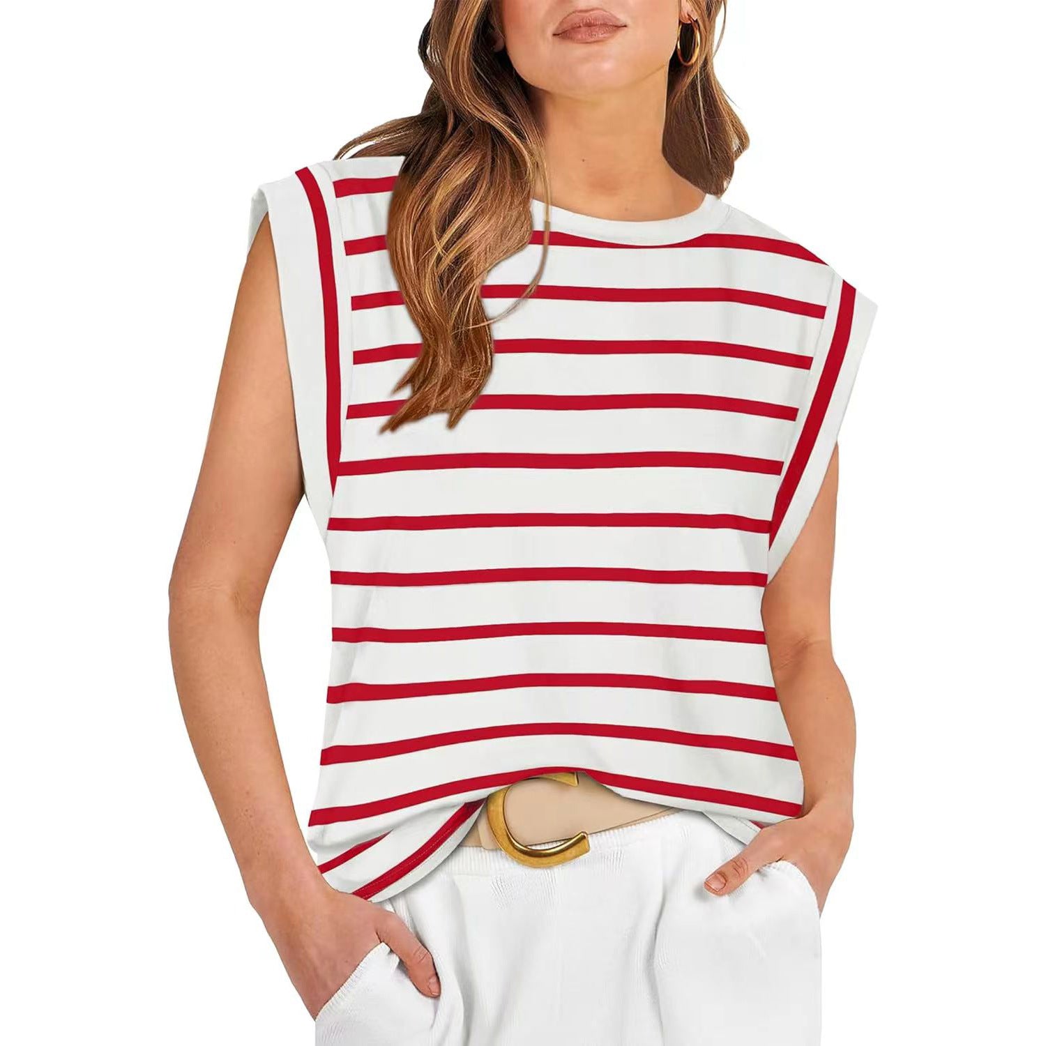 Casual Round Neck Short Sleeves Summer T Shirts-Shirts & Tops-Red Striped-S-Free Shipping Leatheretro