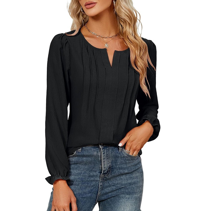 Casual Chiffon Summer V Neck Long Sleeves Blouses-Shirts & Tops-Black-S-Free Shipping Leatheretro