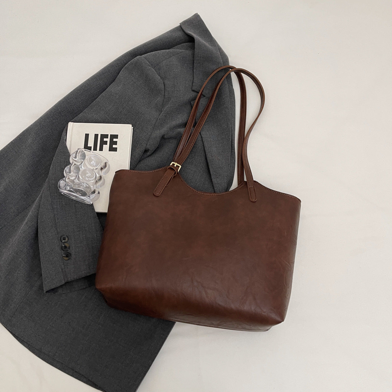 Vintage Soft Faux Leather Tote Bag for Women-Black with pendant.-Free Shipping Leatheretro