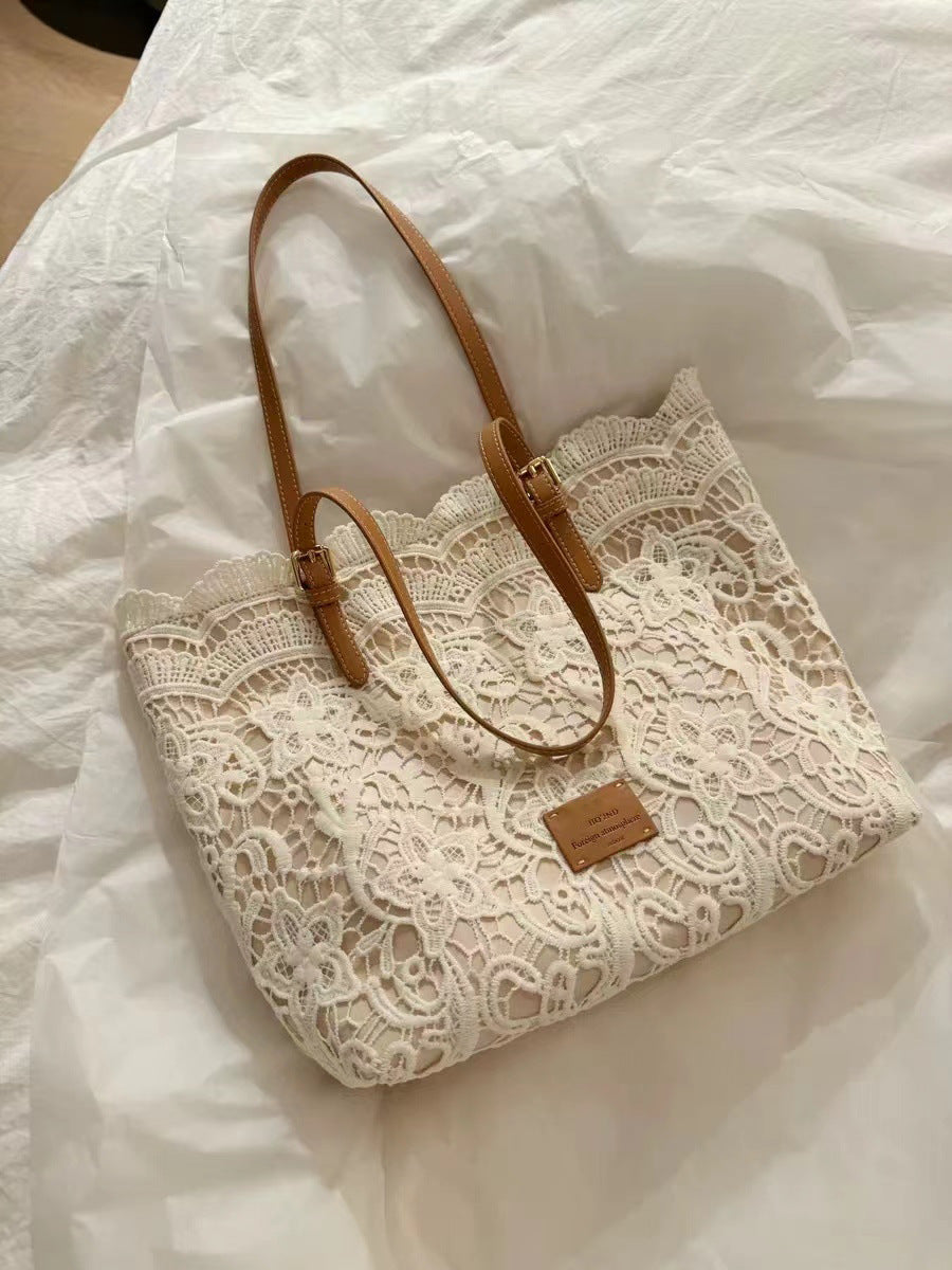 Women's Summer Beach Tote Bag – Large Capacity French Boho Lace Shoulder Bag-米白色-Free Shipping Leatheretro