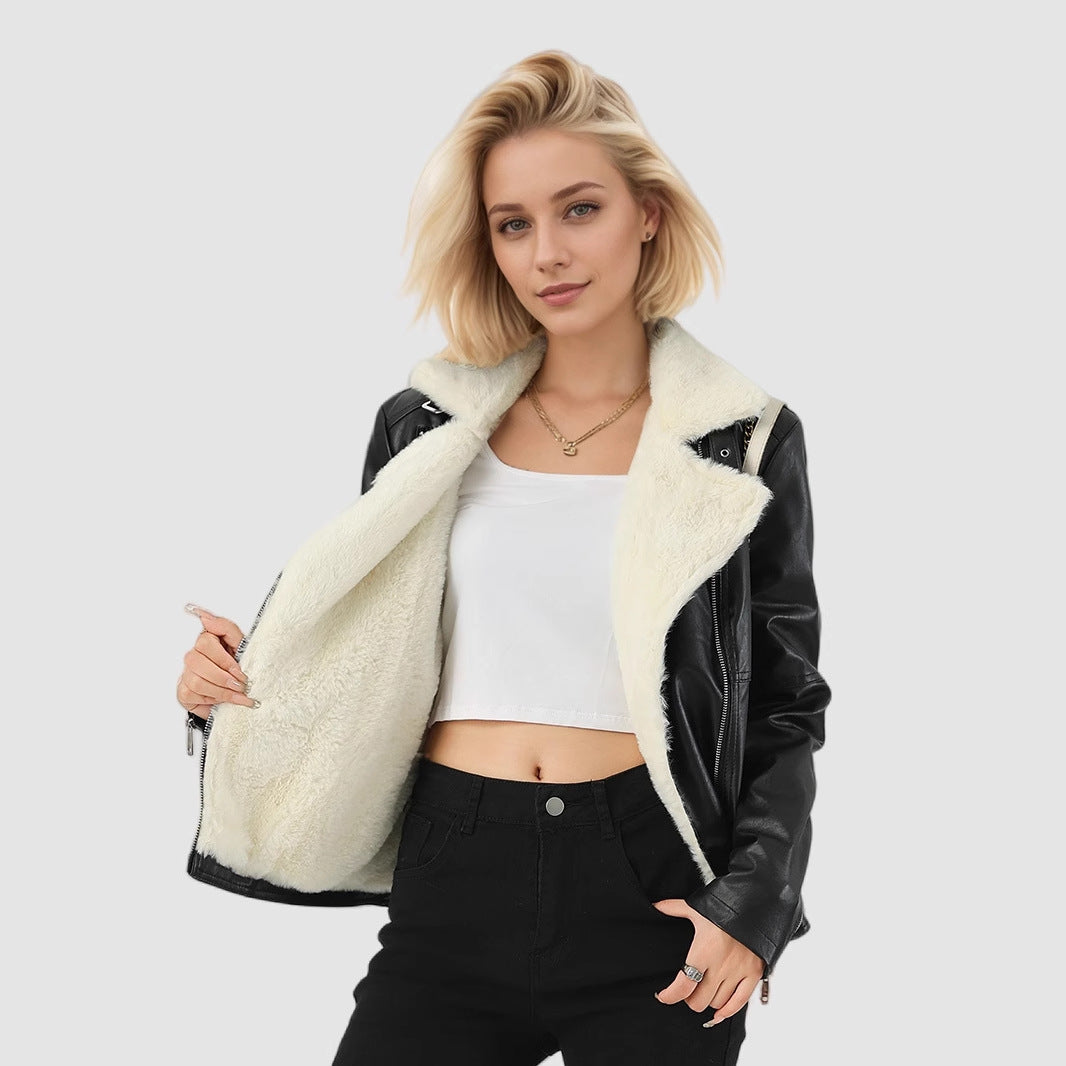 Women's Winter Tchicked Faux Fur Leather Jacket Coats-Black-S-Free Shipping Leatheretro