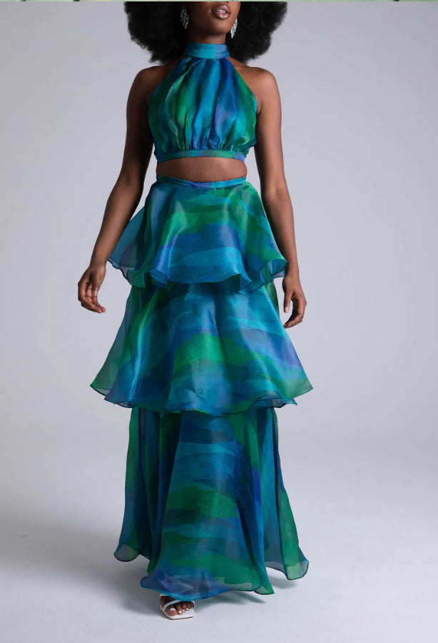 Fashion Floral Print Sleeveless Tiered Cake Dresses-Dresses-Blue-XS-Free Shipping Leatheretro